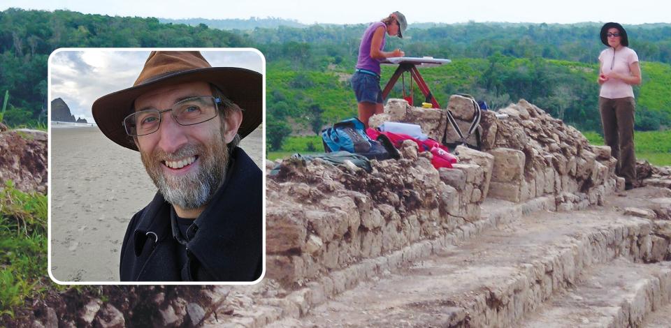 Headshot of Scott Cardinal over an excavation site photo