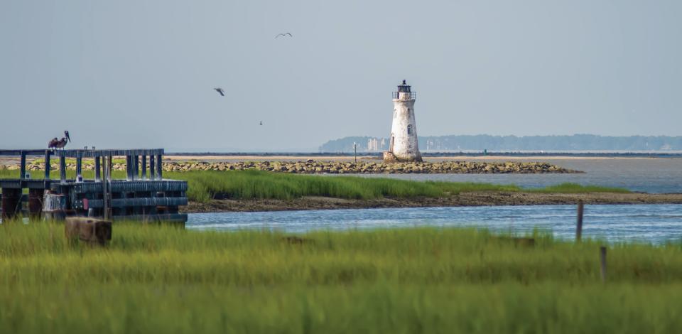 Overlooking the Savannah coast, surrounded by green marshland and a lighthouse is off in the distance