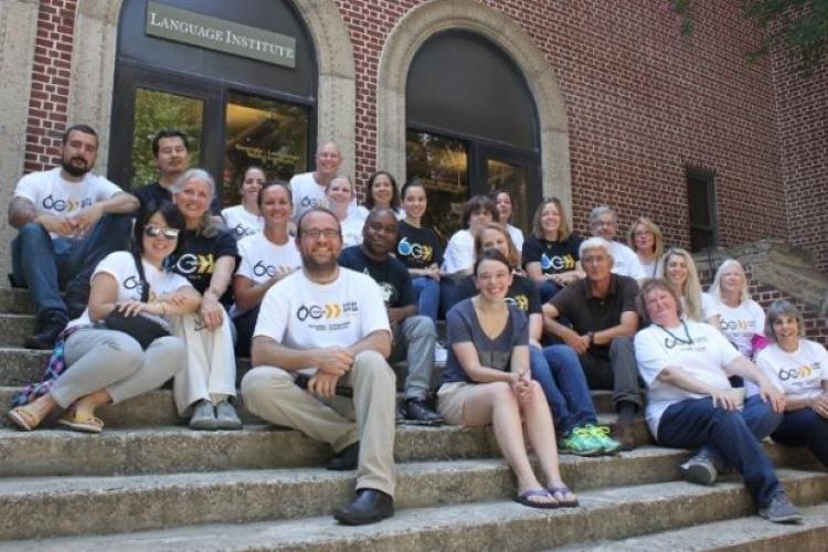 Language Institute staff in front of the facility