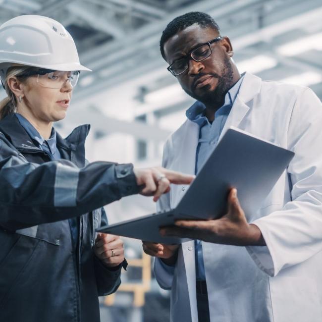 Male and female safety and health workers reexamine their workplace safety plan.